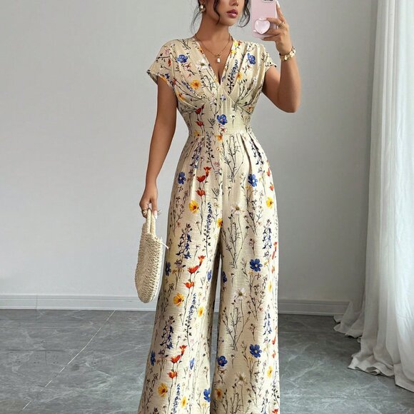 Apricot Boho Women's V-Neck Printed Jumpsuit - Picture 4 of 6